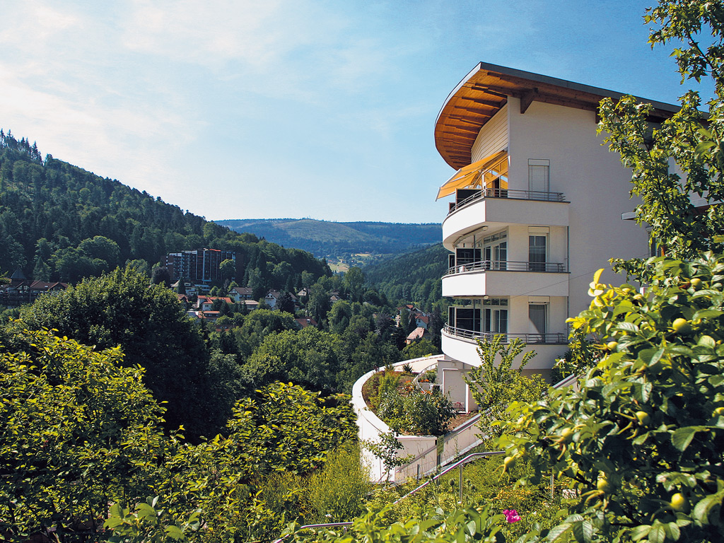 The hotel SCHWARZWALD PANORAMA peaking out of the dense trees, that make up the black forest. Above the scenery is a cloudy, but blue, sky