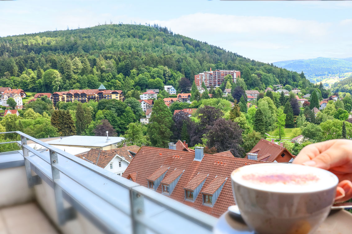View from the balcony of an apartment in the Hotel Schwarzwald Panorama with views of Bad Herrenalb and the nature of the Black Forest
