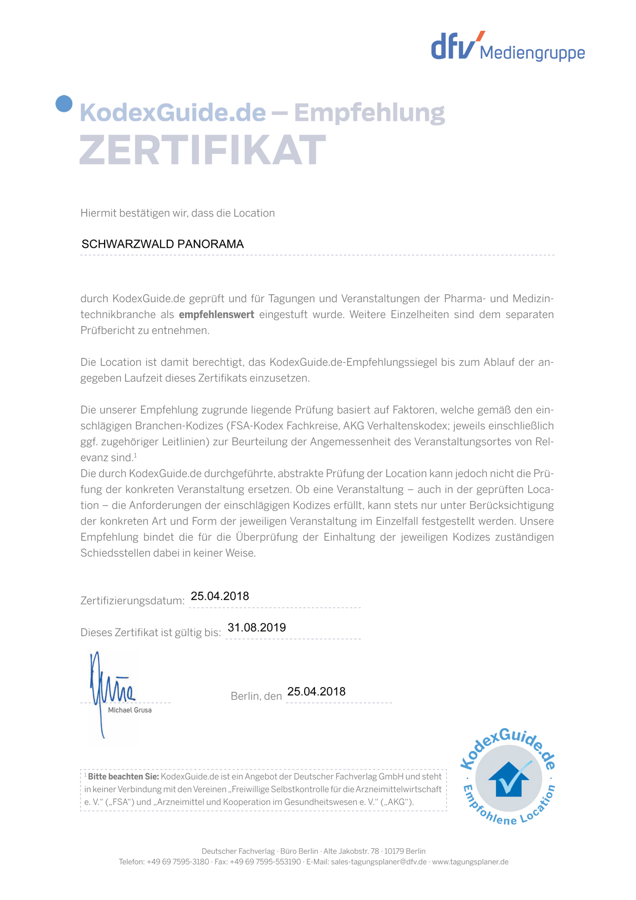 KodexGuide Recommendation Certificate