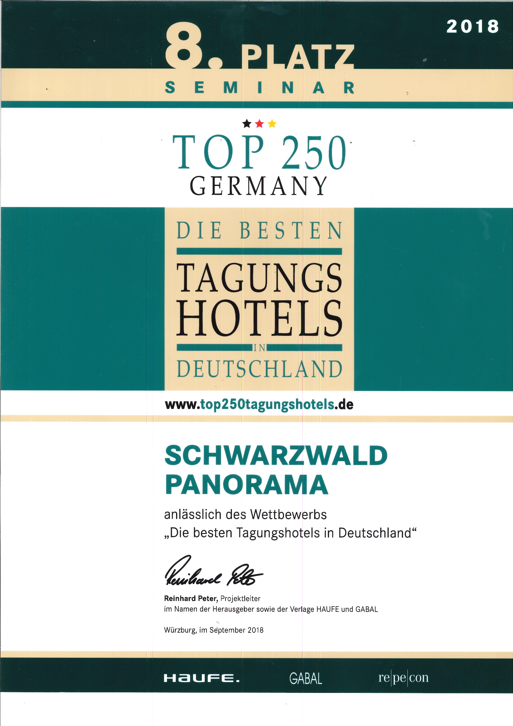 Urkunde 8. Platz 2018 Kategorie Seminar vom Schwarzwald Panorama für Wettbewerb Top 250 Die besten Tagungshotels in Deutschland