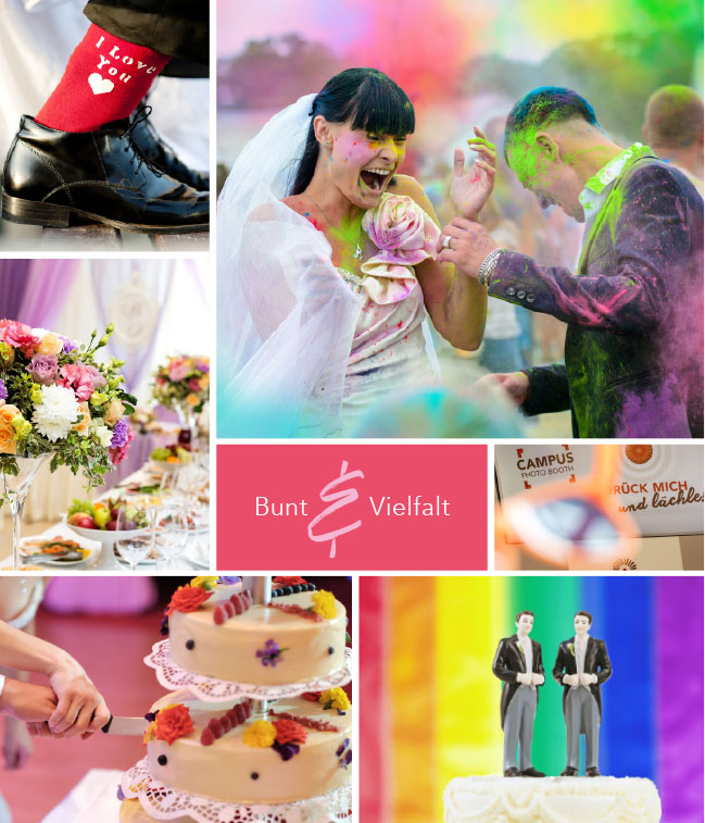 Bilder einer bunten, vielfältigen Hochzeitsfeier im Hotel Schwarzwald Panorama mit Farbbomben, bunten Blumenstrauß und farbenfroher Demo auf der Hochzeitstorte