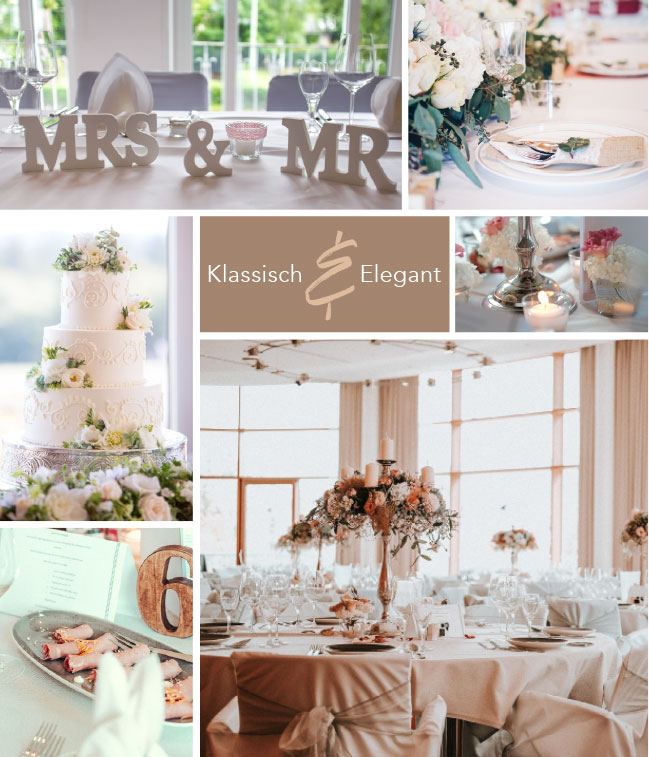 Bilder einer klassisch-eleganten Hochzeit im Hotel Schwarzwald Panorama mit festlich gedeckten Tischen, weißer Hochzeitstorte und Blumenbouqets